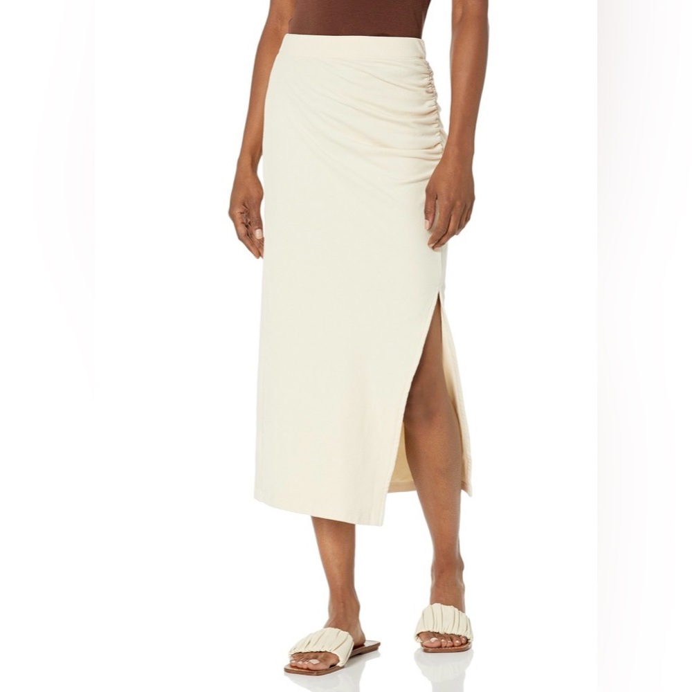 Monrow Rib Shirred Skirt Off White Ivory High Slit Womens XS HS0071 | U614